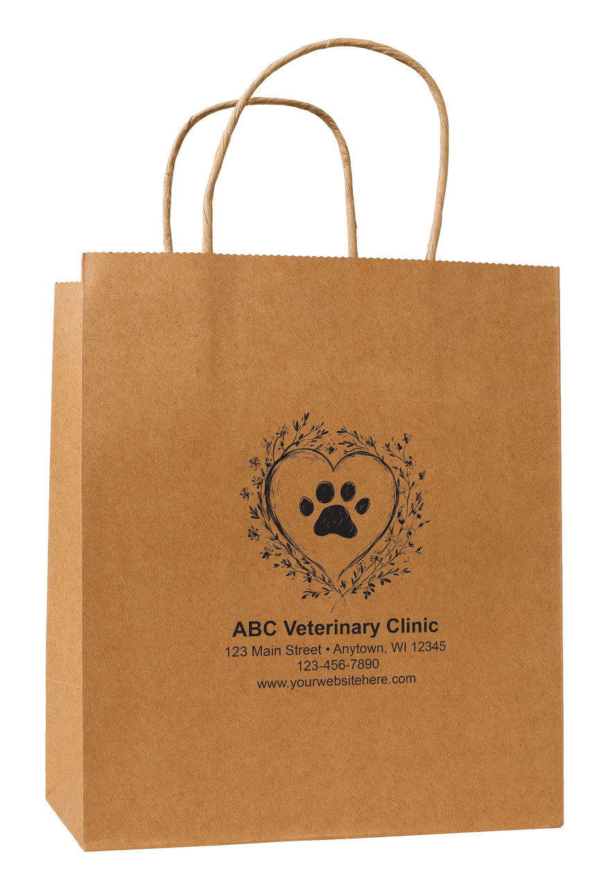 Kraft paper bag with central paw print inside floral heart outline and personalized clinic detail layout