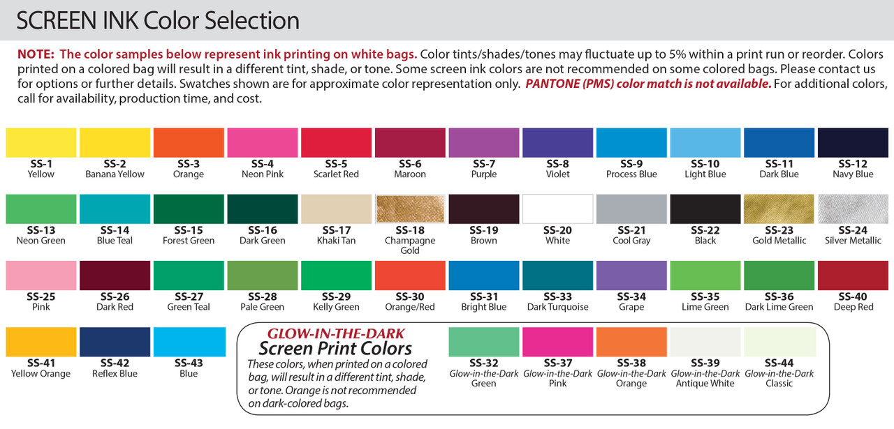 Chart showing available imprint colors for non-woven tote bags