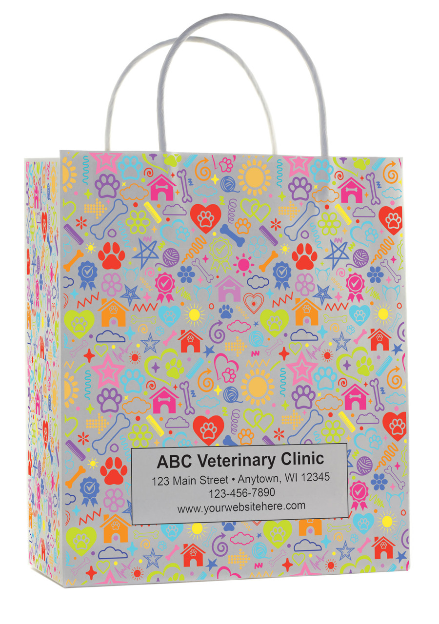 Veterinary handled paper bags featuring multicolor pet icons pattern with paw prints stars houses and center information panel