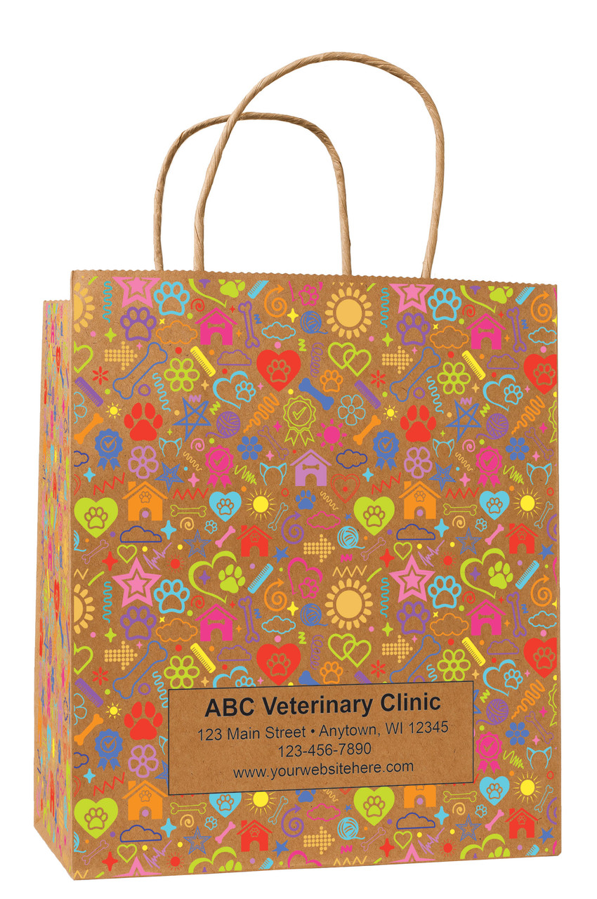 Handled veterinary client bags with bright pet themed icons pattern and rectangular panel for clinic details in kraft