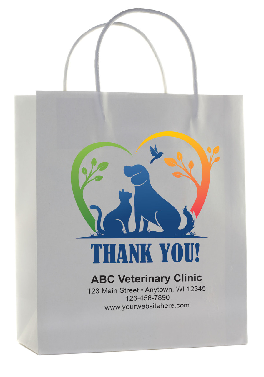 Veterinary handled paper bags in white and kraft showing dog and cat silhouettes inside heart with leaf accents, “THANK YOU!” text, and label panel.
