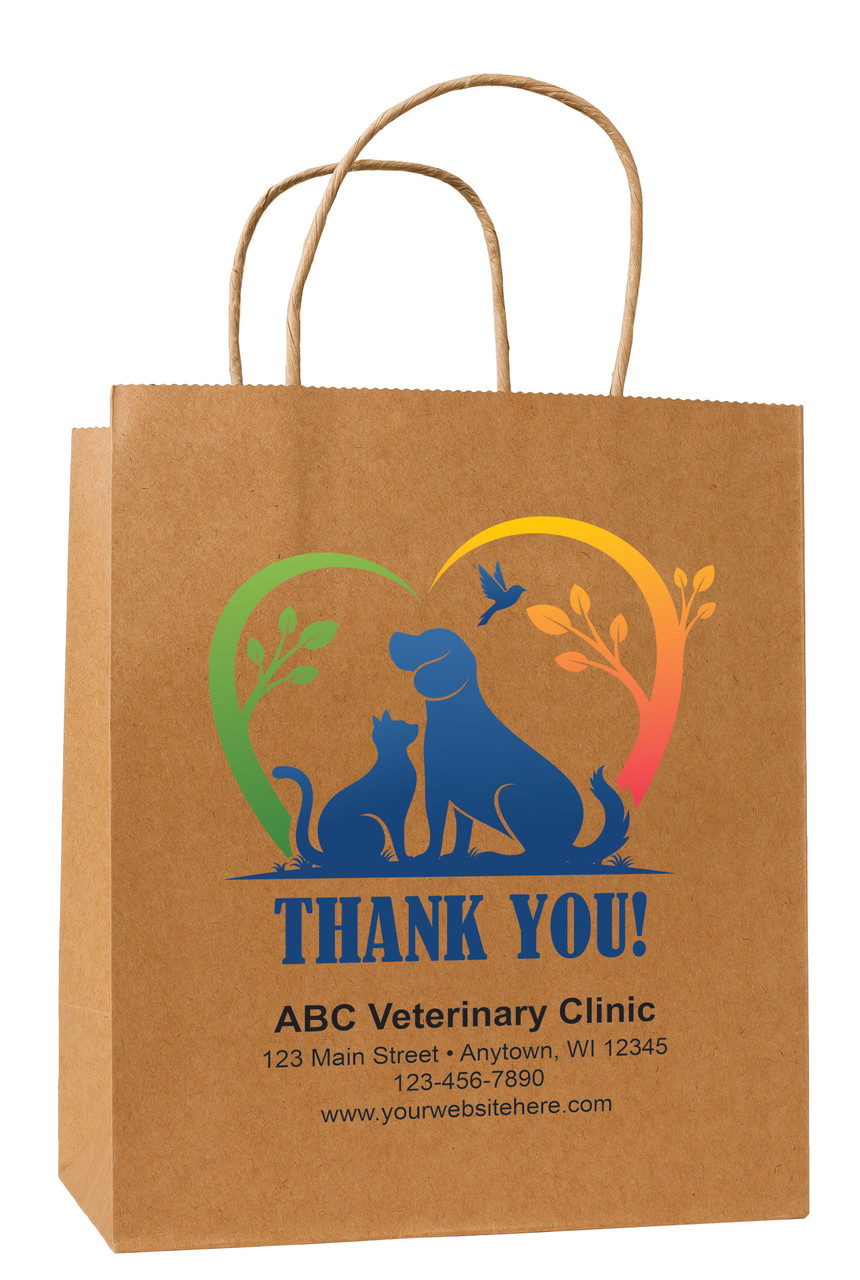 Handled veterinary client bags with pet silhouette heart graphic, “THANK YOU!” message, and center panel for clinic details in kraft.