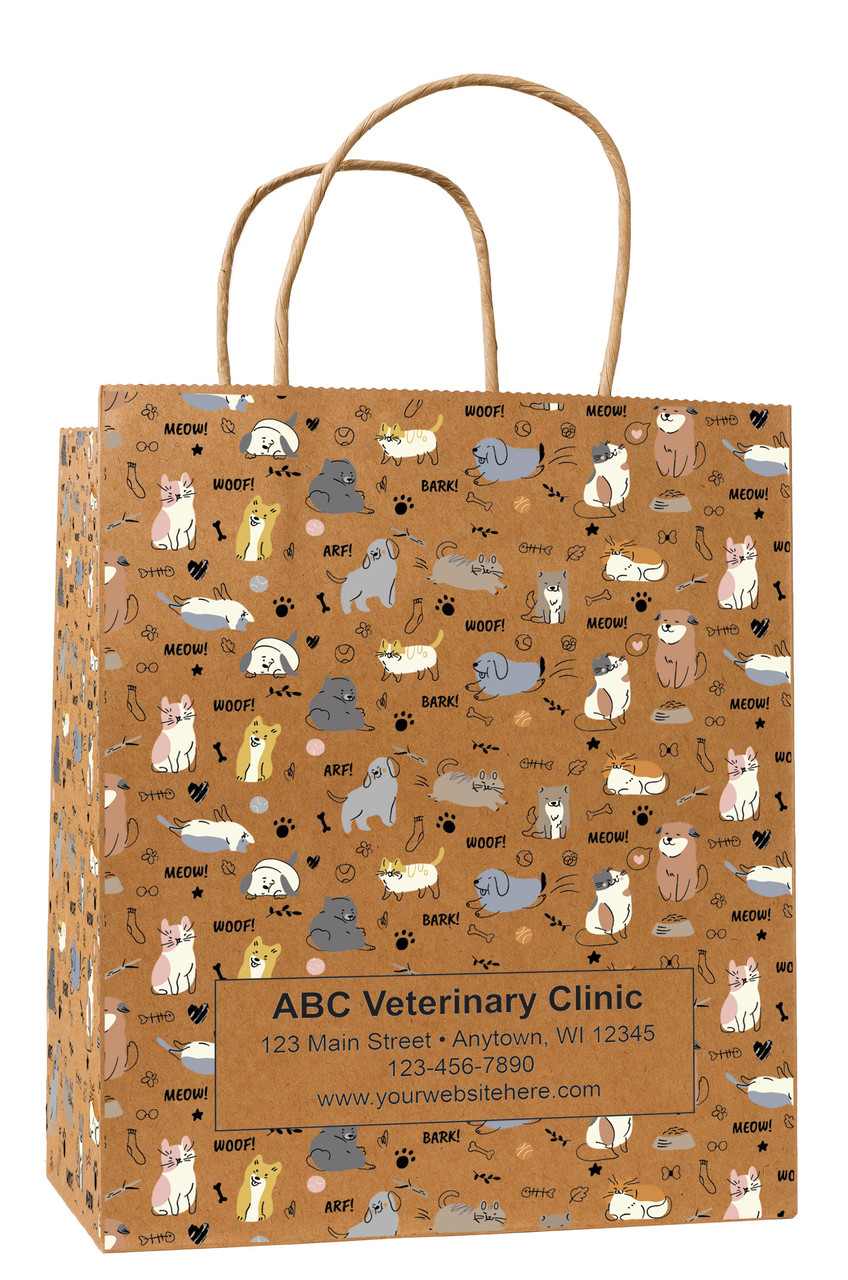 Kraft veterinary handled bag with repeating dog and cat illustration pattern, paw prints, bones, and “WOOF!”, “MEOW!”, “BARK!” text and center label panel