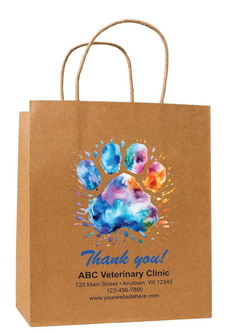 Kraft veterinary handled bag with multicolor paint splash paw print and with Thank you printed above clinic information