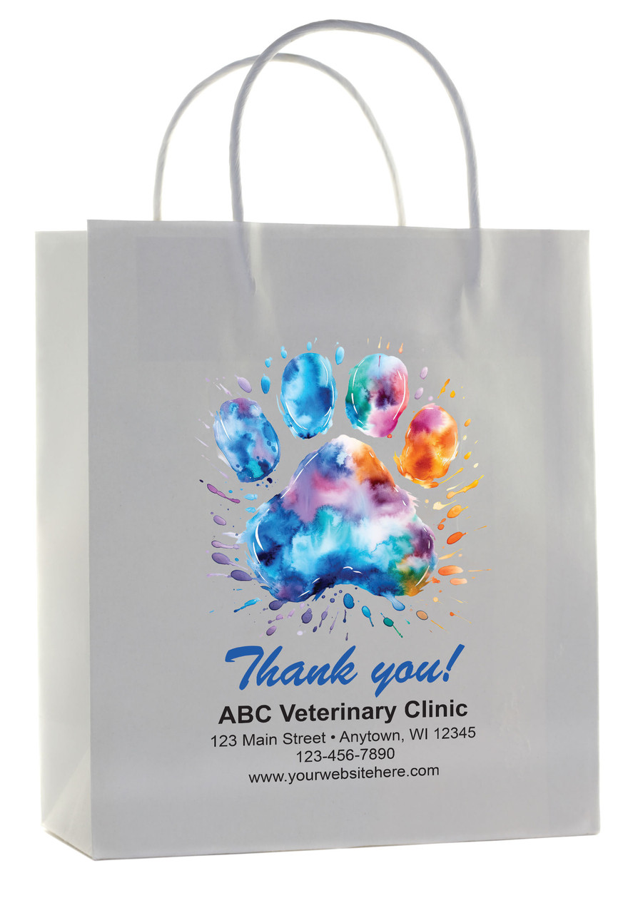 white paper veterinary handled bag with multicolor paint splash paw print