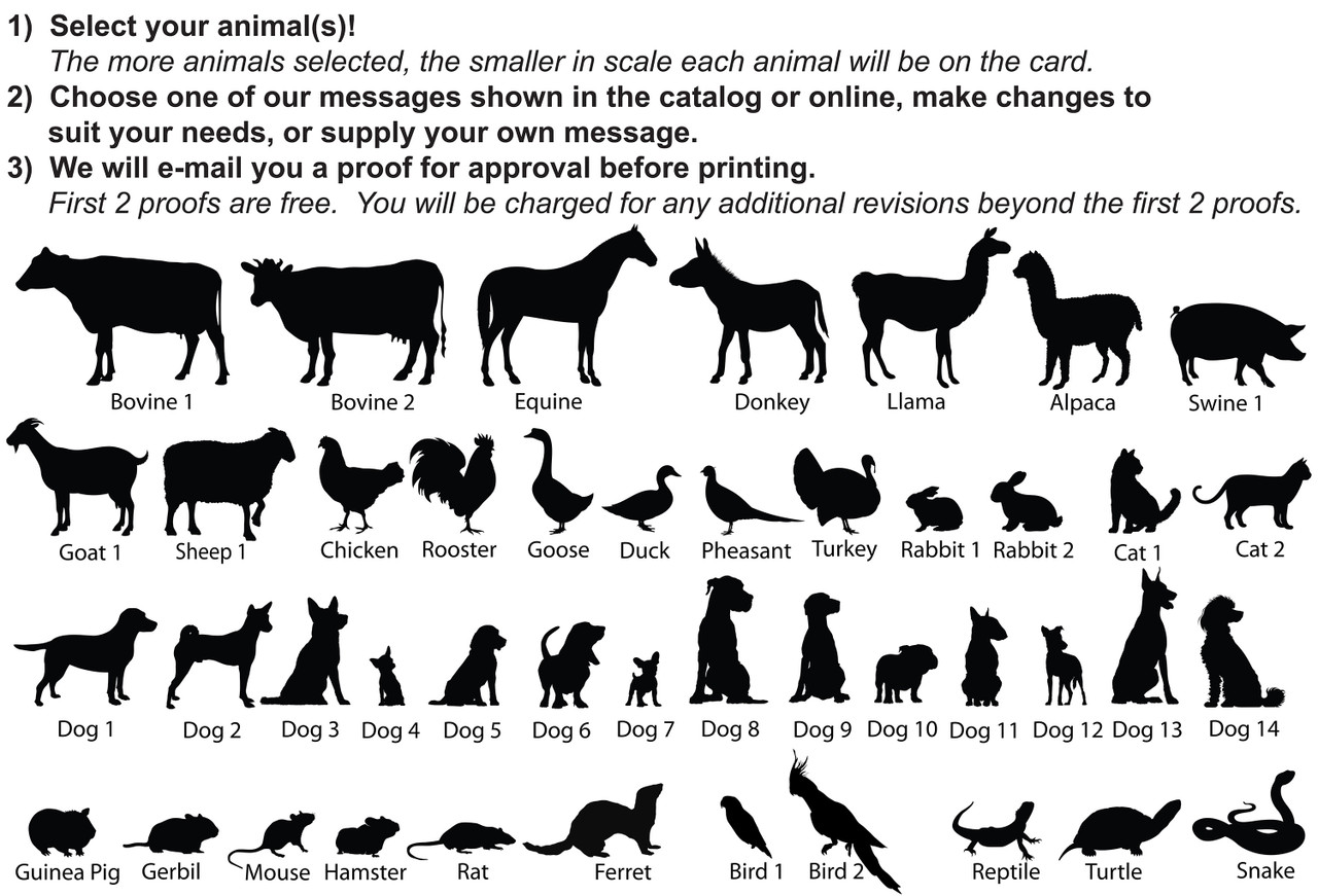 Instructions and chart showing silhouettes of animals to select including dogs, cats, horses, livestock, rabbits, rodents, reptiles, and exotic animals.