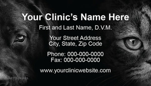 Veterinary business card featuring close-up black-and-white dog and cat portraits on a dark background with centered clinic contact information.

