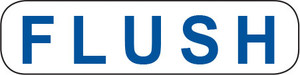 White rounded rectangle stickers with blue text FLUSH