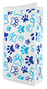 A flat bottom bag with a white background is covered in large, bold blue and teal paw prints arranged in a playful repeating pattern.

