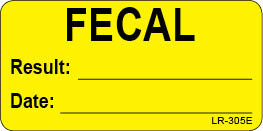 Yellow FECAL sticker with Result and Date fields.