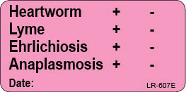  Pink sticker listing Heartworm, Lyme, Ehrlichiosis, and Anaplasmosis with positive and negative result indicators and date field.