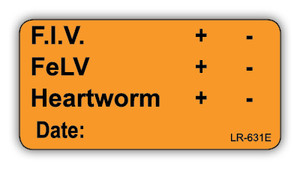  Orange F.I.V., FeLV, and Heartworm sticker with positive and negative result indicators and date field.