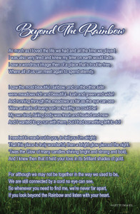 Sympathy insert featuring a rainbow over a green meadow, cloudy sky background, and the memorial poem titled “Beyond The Rainbow.”

