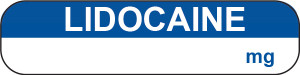Blue and white LIDOCAINE syringe label with large top text
