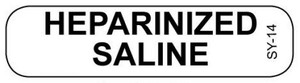 White HEPARINIZED SALINE syringe label with bold black stacked text