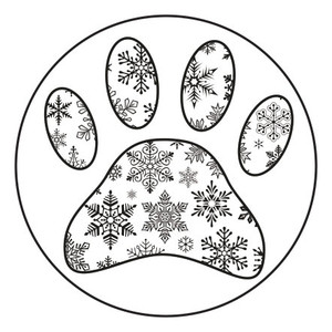 Round veterinary envelope seal featuring a paw print filled with assorted black snowflake patterns inside a circular border.

