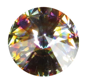 Round June crystal gemstone with a clear iridescent faceted design that reflects multiple colors, shown individually and displayed as an accent option on a memorial paw print keepsake.

