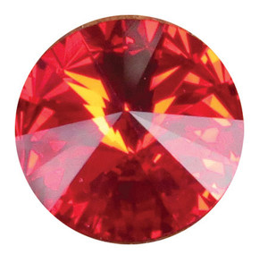 Round July crystal gemstone with a vivid red faceted design and reflective surface, shown individually and displayed as an accent option on a memorial paw print keepsake.

