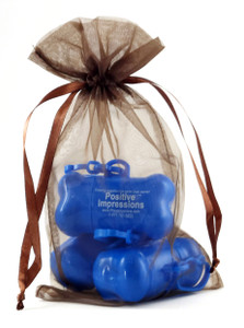 Chocolate sheer organza bag with satin ribbon drawstring closure. Transparent chocolate-colored organza material shown holding small items inside a lightweight drawstring presentation bag.

