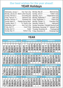 Eight dog and cat portrait photographs on colorful backgrounds above a personalized business imprint area and 2026 calendar with light blue month headers.