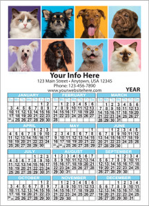 Eight dog and cat portrait photographs on colorful backgrounds above a personalized business imprint area and year calendar with light blue month headers.