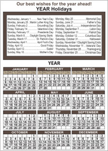 Close-up puppy and tabby kitten portraits beneath a year calendar with brown month headers and personalized business information area.