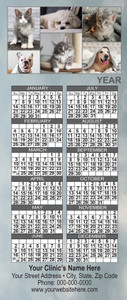 Slim calendar featuring a collage of six indoor cat and dog photographs above a gray year calendar layout with customized business imprint area below.