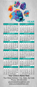 Slim calendar featuring a vibrant watercolor paw print with paint splash effects, teal month headers, gray background, and personalized business imprint area.