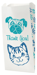 White veterinary bag with teal dog face, blue cat face, “Thank You!” text, and side paw print pattern

