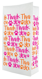 A flat bottom bag with a white background features a repeating pattern of bold pink and orange “Thank You” text along with matching paw prints in a playful, vibrant design.

