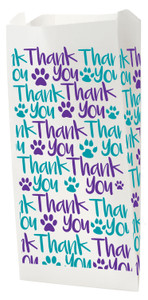 White veterinary bag with repeating purple and teal “Thank You” text and paw prints

