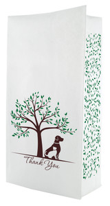 A flat bottom bag with a white background features a simple illustration of a dog and cat sitting beneath a leafy tree, with “Thank You” written below and a subtle green leaf pattern along the side.

