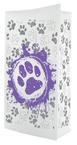 A flat bottom bag with a white background features a bold purple paw print inside a paint splatter design, surrounded by smaller gray paw prints in a scattered pattern.

