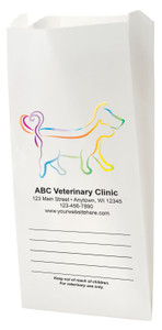 White Paper veterinary prescription bag with colorful dog and cat line art design.