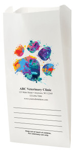 White Paper veterinary prescription bag with vibrant paint splash paw print design.