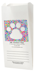 White Paper veterinary prescription bag with colorful dot paw print design.