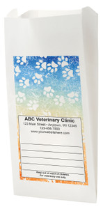 White Paper veterinary prescription bag with gradient paw print pattern design.