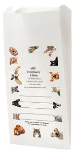 White Paper veterinary prescription bag with pet photo collage design.