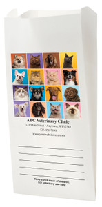 White Paper veterinary prescription bag with vibrant pet photo collage grid.