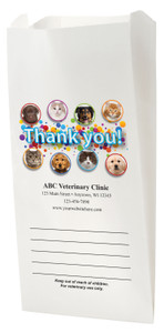 White Paper veterinary prescription bag with colorful pet icons and thank you design.