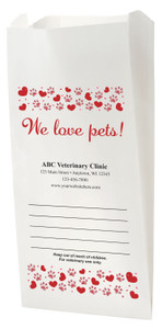 White Paper veterinary prescription bag with heart and paw print border and We Love Pets design.