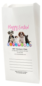 White Paper veterinary prescription bag with Easter pet design. and colorful eggs