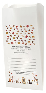 White Paper veterinary prescription bag with fall leaves and pet photo design.