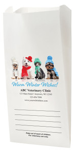 White Paper veterinary prescription bag with winter pet photo design. and warm wishes text.