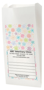 White Paper veterinary prescription bag with colorful snowflakes and paw prints