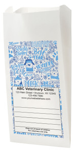 White Paper veterinary prescription bag with winter-themed pet typography design.