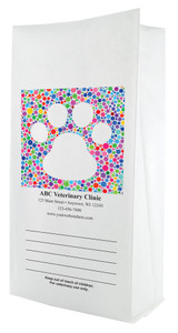 White paper veterinary prescription bag featuring veterinary prescription bags with colorful dot paw print design