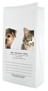 White paper veterinary prescription bag featuring veterinary prescription bags with dog and cat close-up photo design