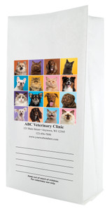 White paper veterinary prescription bag featuring veterinary prescription bags with colorful pet photo grid design