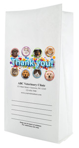 White paper veterinary prescription bag featuring veterinary prescription bags with colorful pet icons and bold Thank You design